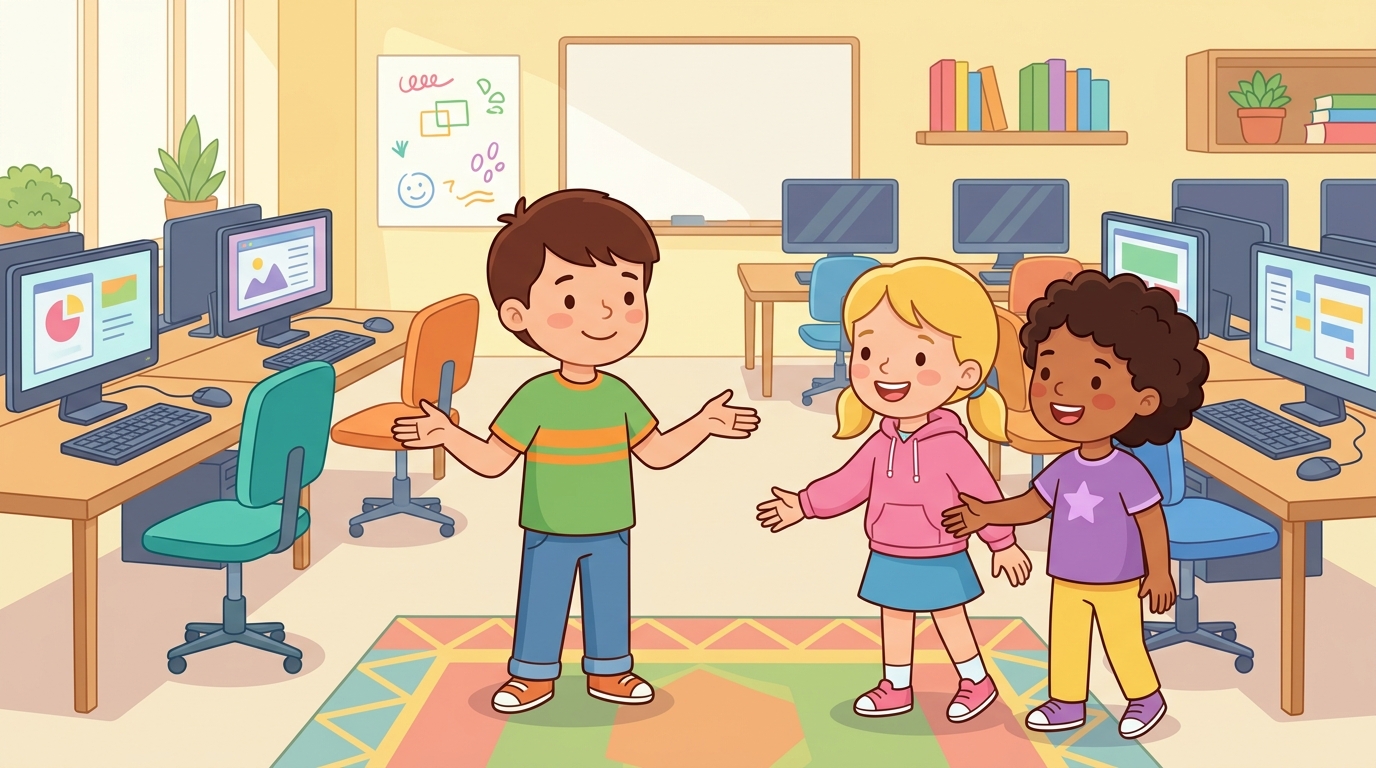 A boy introduces two girls to each other with an open-handed gesture, and the two girls reach out to shake hands, in a school computer lab